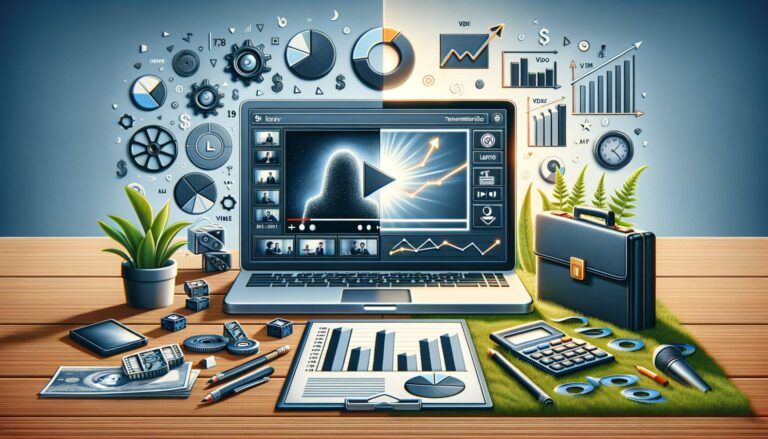 A digital workspace with a laptop displaying a video, surrounded by graphs, gears, plants, and office supplies on a wooden desk.