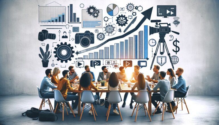 People seated around a conference table, discussing with graphics of gears, charts, and cameras on the wall, suggesting business strategy or digital media planning.