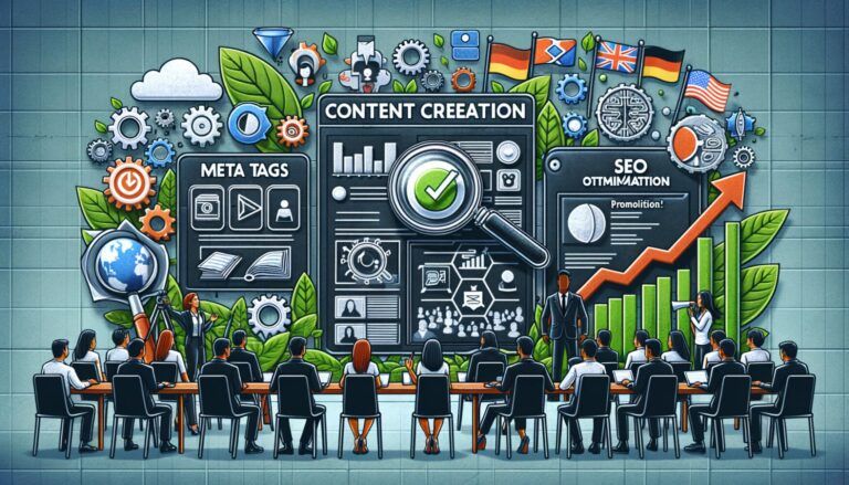 Illustration of a group meeting in front of a wall displaying a "Content Creation" theme with graphics on meta tags, SEO optimization, and global elements.