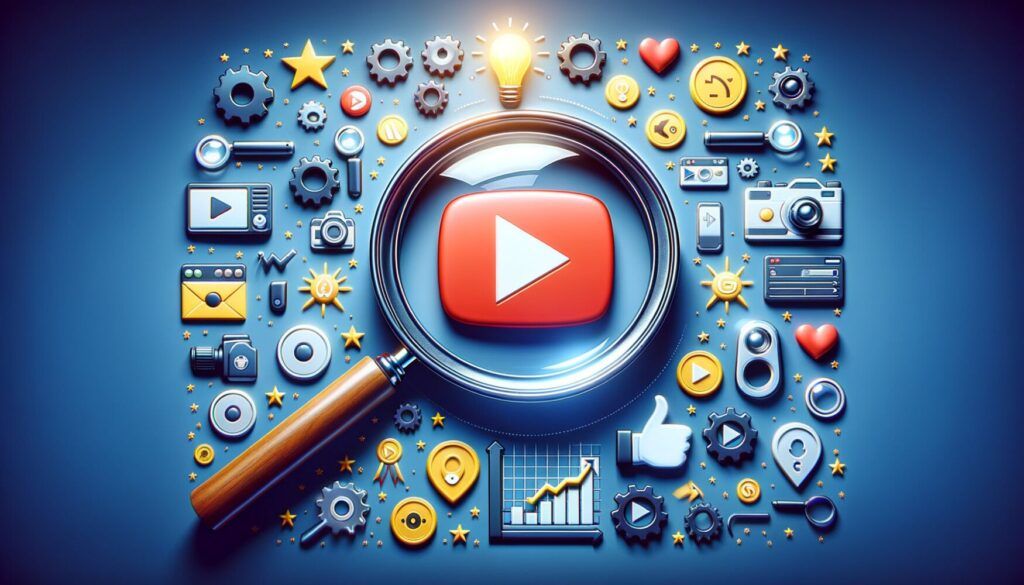 Magnifying glass over YouTube play button surrounded by icons like gears, clocks, light bulbs, and social media symbols on a blue background.