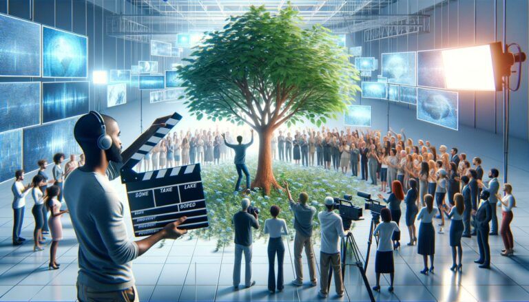 A large group of people gathers around a tree indoors. A person stands on a branch. Film crew, including a clapperboard operator, is present. Multiple screens and lights surround the scene.