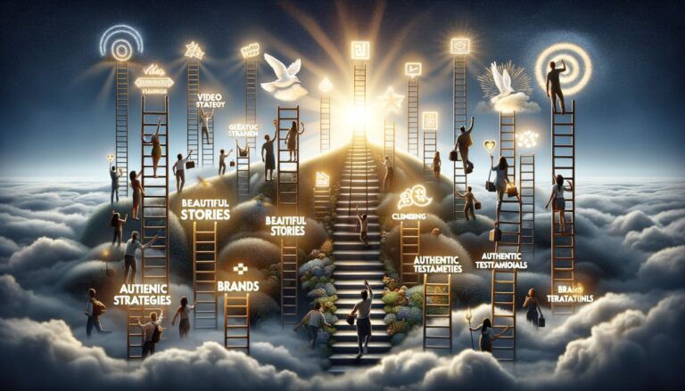 People climbing ladders towards a glowing light above clouds, with words like "beautiful stories," "branding," and "authentic strategies" along the way.