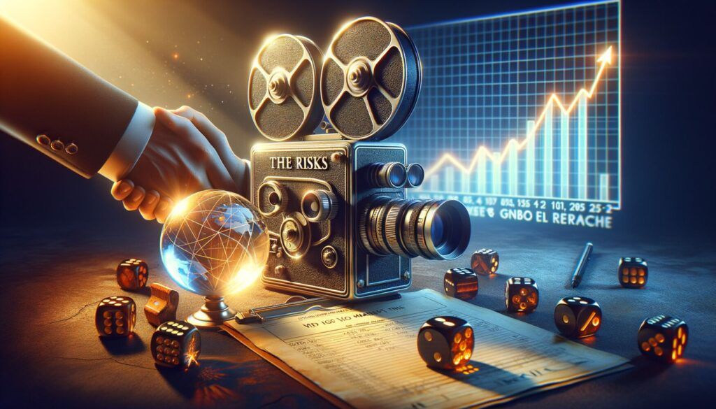 A vintage film projector labeled "The Risks," surrounded by glowing dice, a globe, and a contract, with a handshaking gesture nearby. A graph with an upward trend is in the background.