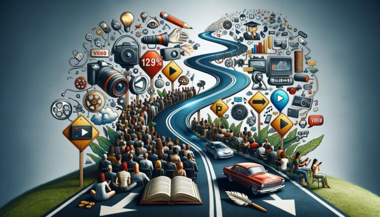 A winding road splits a crowd facing forward, surrounded by various multimedia and technology icons, symbolizing the digital age's impact on society.