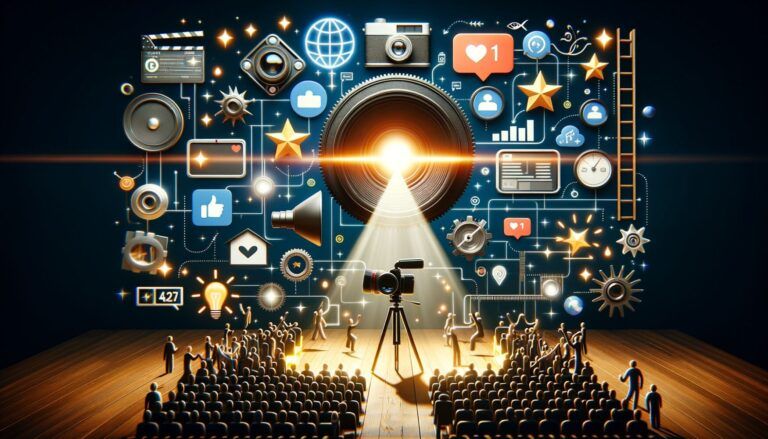 A camera on stage captures a spotlight surrounded by digital icons, including social media symbols, charts, and film reels, with an audience watching.