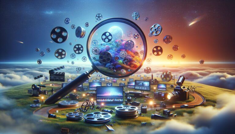 A large magnifying glass hovers over a colorful, cloud-filled landscape with film reels, cameras, and monitors scattered around under a starry sky.