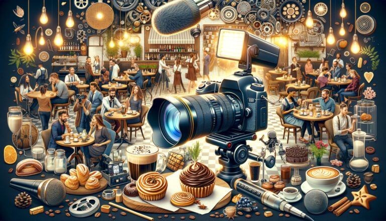 A digital camera surrounded by coffee, pastries, and café scenes. Gears, microphone, and people in a busy coffee shop in the background.