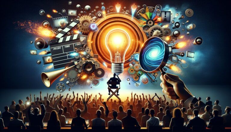 An audience watches a creative explosion of ideas, symbolized by a lightbulb, gears, film clapper, and magnifying glass against a dark auditorium backdrop.