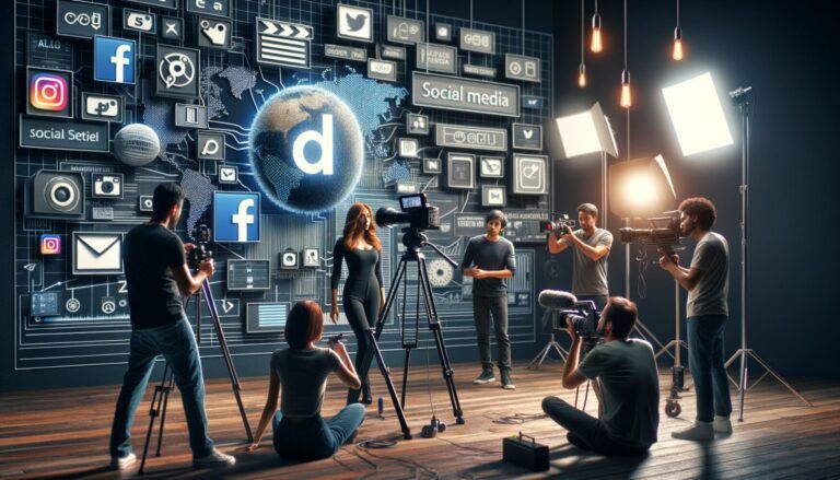 People filming a woman in a studio with social media icons on a digital backdrop.