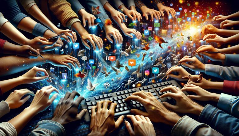 A multitude of hands reaching towards various social media icons, with a keyboard below, symbolizing digital communication and connectivity.