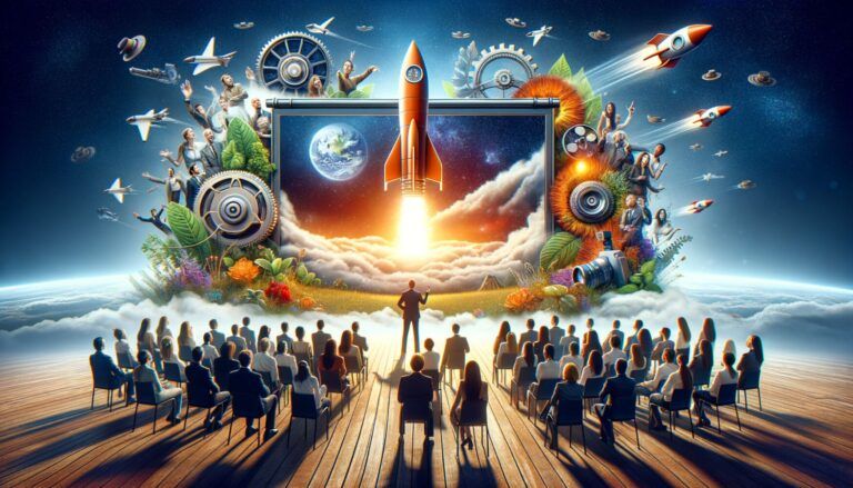 An audience watches a large screen displaying a rocket launch. The screen is surrounded by gears, planets, and miniature aircraft, evoking themes of innovation and exploration.