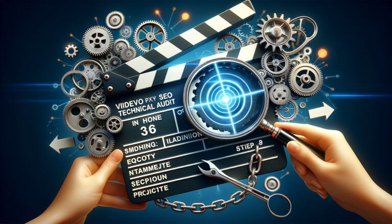 A clapperboard with gears and a magnifying glass symbolizing technical audit, SEO, and video production, against a blue background.