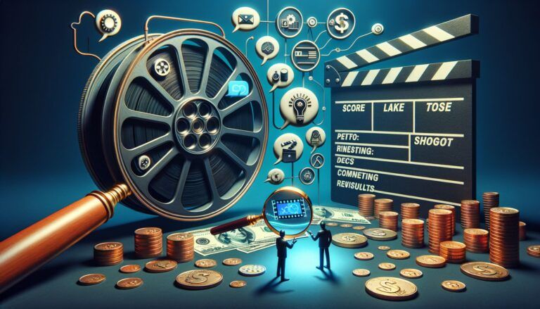 Film reel and clapperboard surrounded by icons of money and communication, with miniature figures examining financial reports, depicting the intersection of film industry and finance.