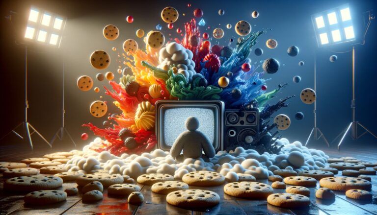 A person sits in front of an old TV with colorful explosions and cookies surrounding them, under studio lights.