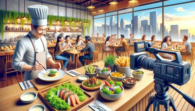 A chef plates food while a camera records. Diners eat at tables in a restaurant with large windows showing a city skyline. Various dishes and ingredients are displayed in the foreground.