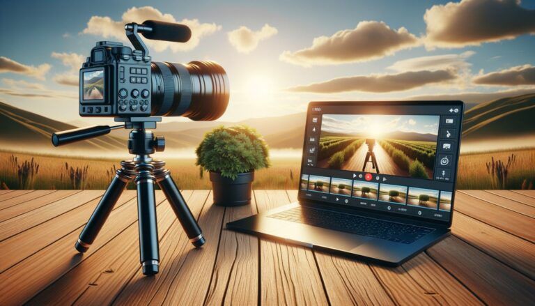 A camera on a tripod and a laptop displaying a photo editing software are set on a wooden table. A small plant is beside the laptop. The background shows a scenic view of fields at sunset.