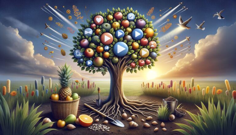 A tree with social media icons as fruits stands in a field, surrounded by gardening tools and harvested fruits, under a vibrant sky with birds.