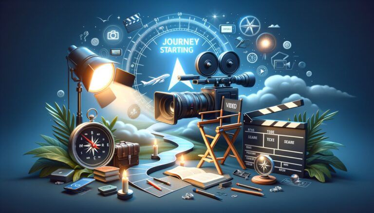 Illustration of film equipment including a camera, lights, compass, storyboard, and director's chair against a backdrop of a winding path and the text "Journey Starting.