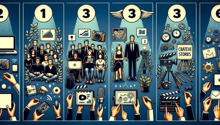 Illustration depicting five scenes of media and storytelling elements like cameras, graphs, people, books, computers, and creative tools, symbolizing various aspects of content creation.