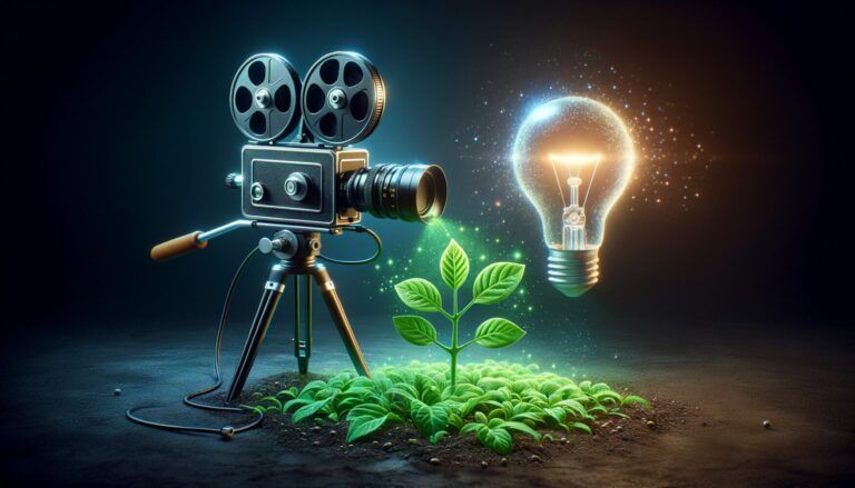 A vintage film camera focuses on a glowing light bulb hanging above a small plant sprouting from the soil.