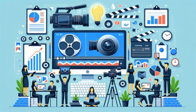 A digital illustration of people working with video editing equipment and charts, surrounded by icons of cameras, monitors, and clapperboards on a blue background.