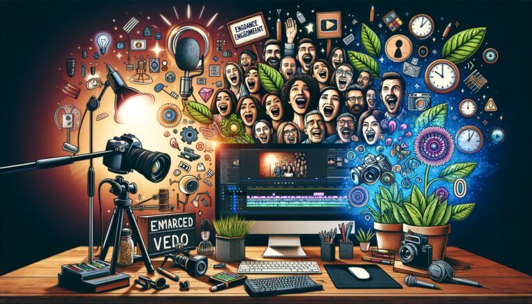 A creative desk setup with computer, camera, microphone, plants, and colorful graphics depicting people and digital icons, symbolizing media and creativity.