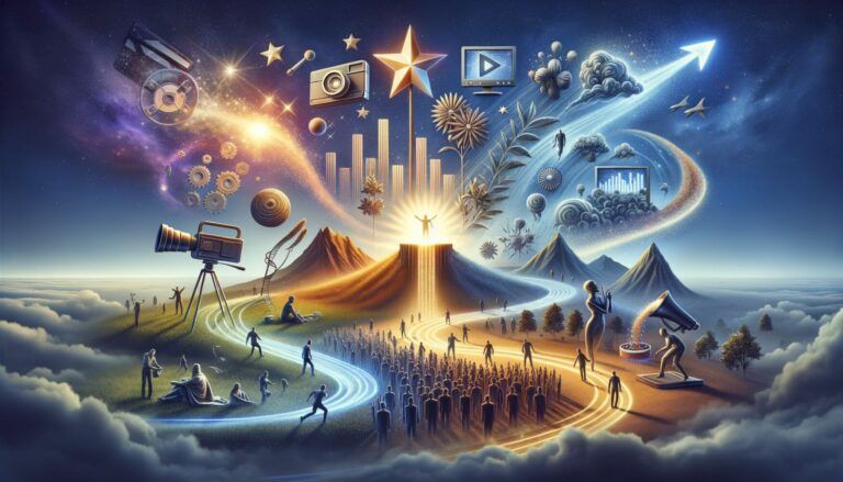 A surreal scene with people on paths converging towards a lit figure on a hilltop, surrounded by symbols of media, technology, and nature amidst a cosmic backdrop.