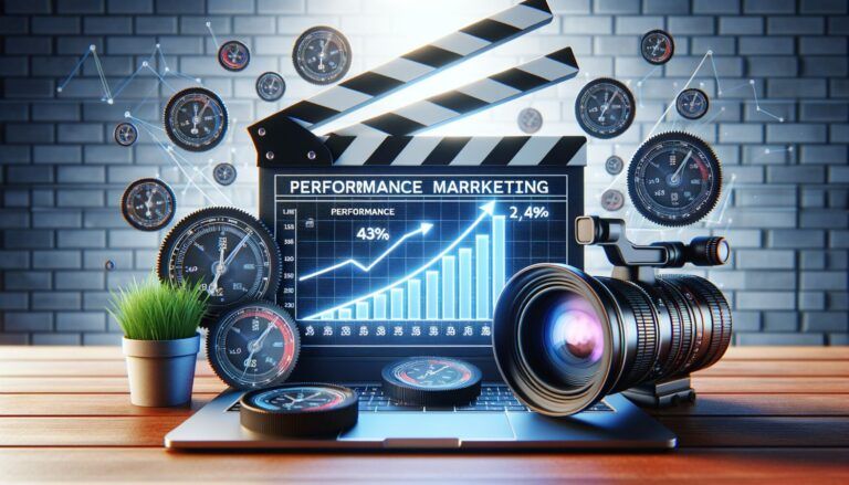 A clapperboard and camera sit on a laptop displaying a performance marketing graph and percentages. Gauges and dials float around, with a small plant nearby.