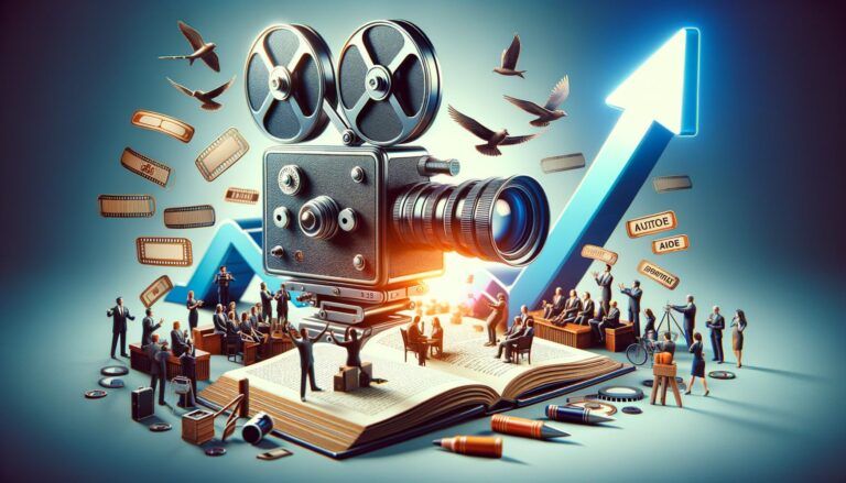 Vintage film camera on open book, surrounded by miniature people and objects. Birds fly near an upward arrow and floating film strips, suggesting growth or progress in the film industry.