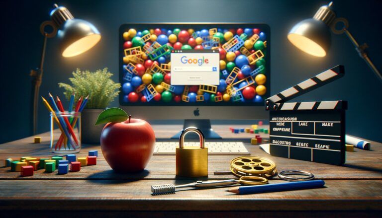 A computer displaying the Google search page with toys on the screen. A wooden desk has an apple, lock, scissors, film reel, clapboard, and colored pencils. Desk lamps illuminate the scene.