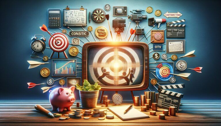 A vintage TV displays a target with three people surrounded by various media, financial icons, and gadgets. A notebook, pen, piggy bank, and coins are on a wooden surface in the foreground.