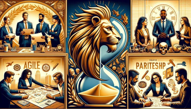 Illustrated business scenes with teams collaborating. A central lion surrounded by an hourglass. Words "Agile" and "Partnership" highlight teamwork themes.